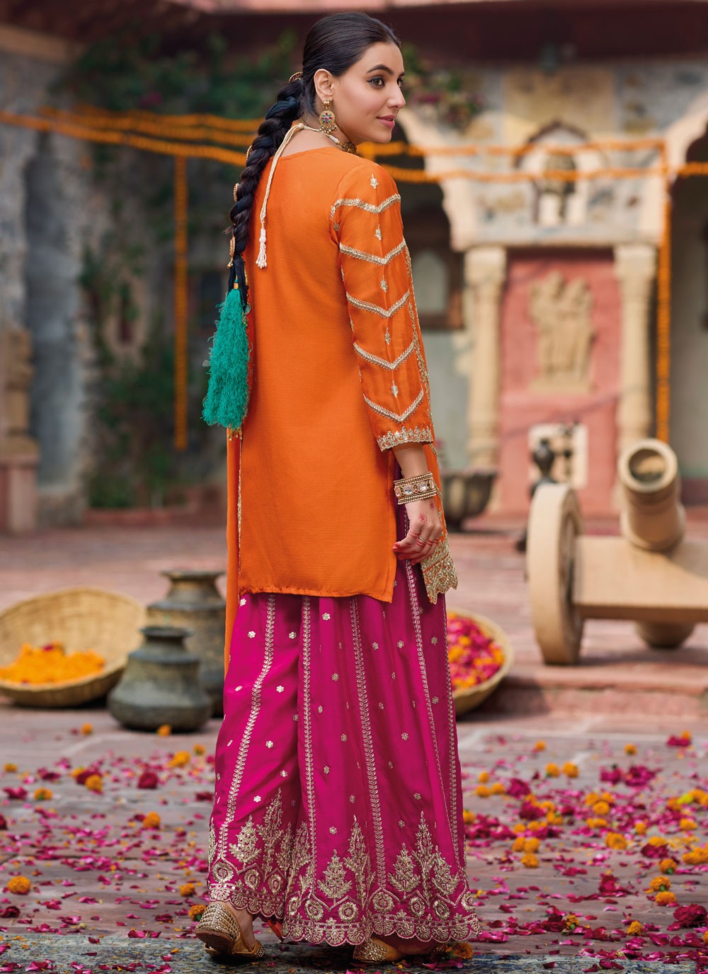 Salwar Suit Embroidered Orange Chinon T5414