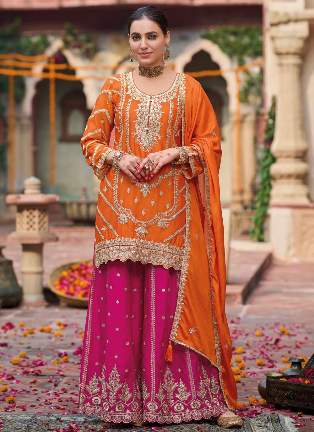 Salwar Suit Embroidered Orange Chinon T5414