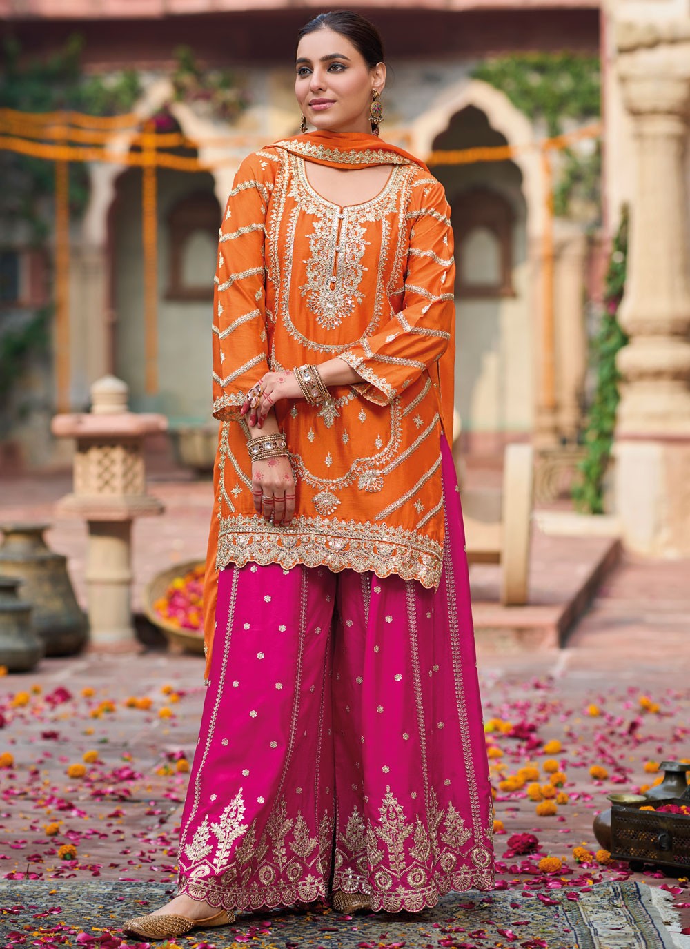 Salwar Suit Embroidered Orange Chinon T5414