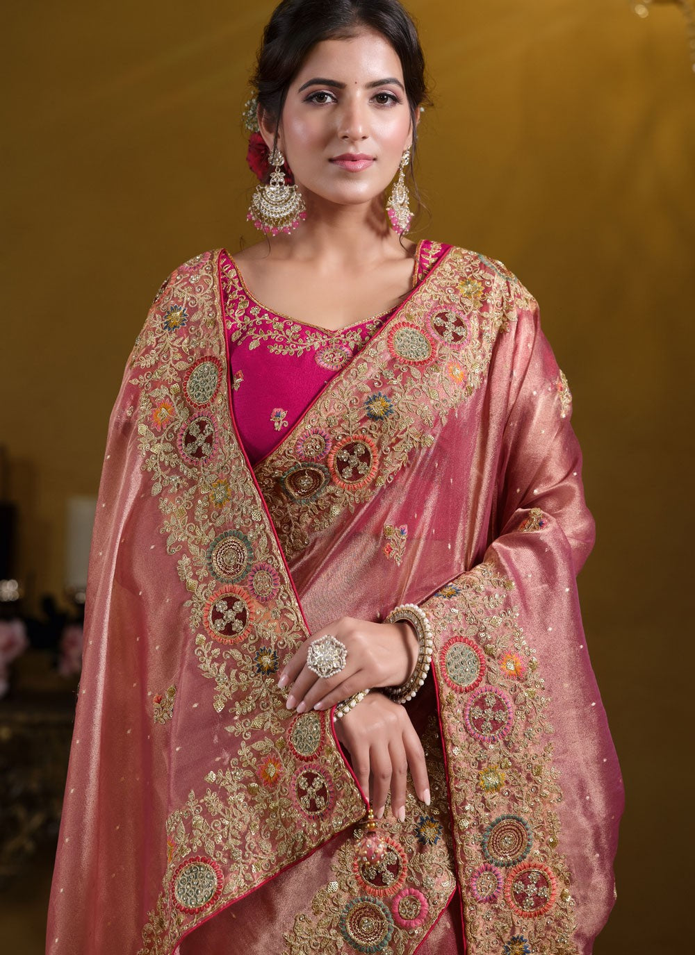 Designer Embroidered Peach, Pink Organza S12633