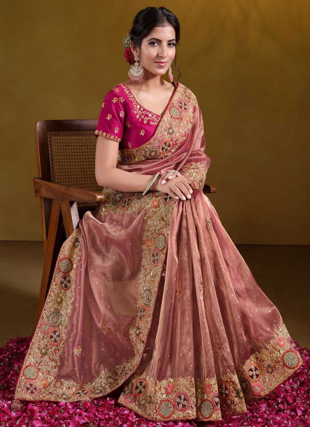 Designer Embroidered Peach, Pink Organza S12633