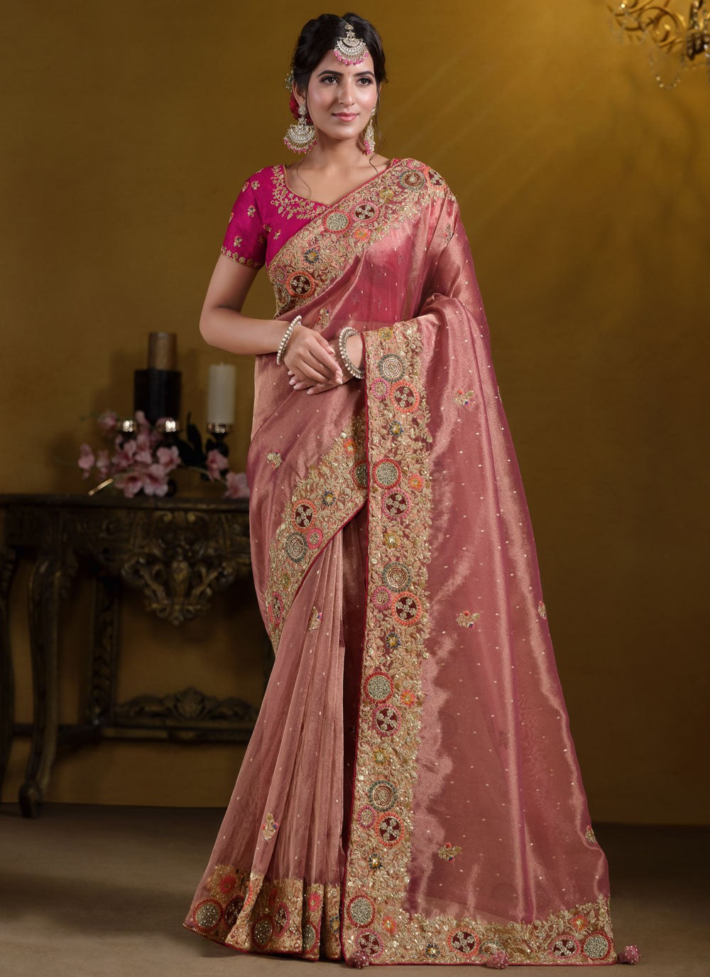 Designer Embroidered Peach, Pink Organza Saree S12633