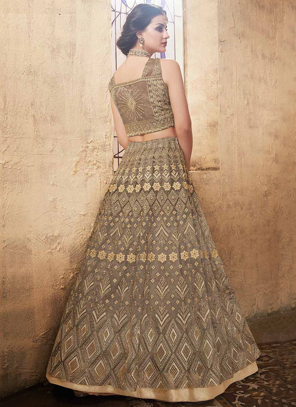 Embroidered Organza Grey Lehenga Choli L3752