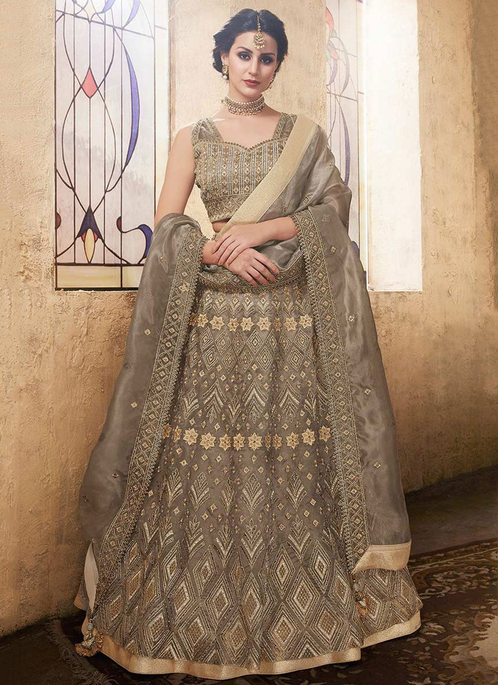 Embroidered Organza Grey Lehenga Choli L3752