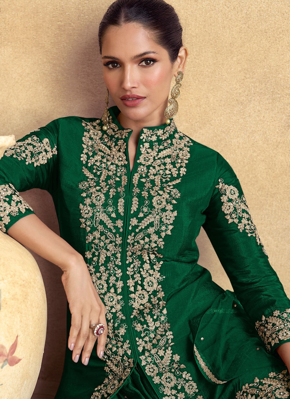 Palazzo Suit Embroidered Green Chinon T5774