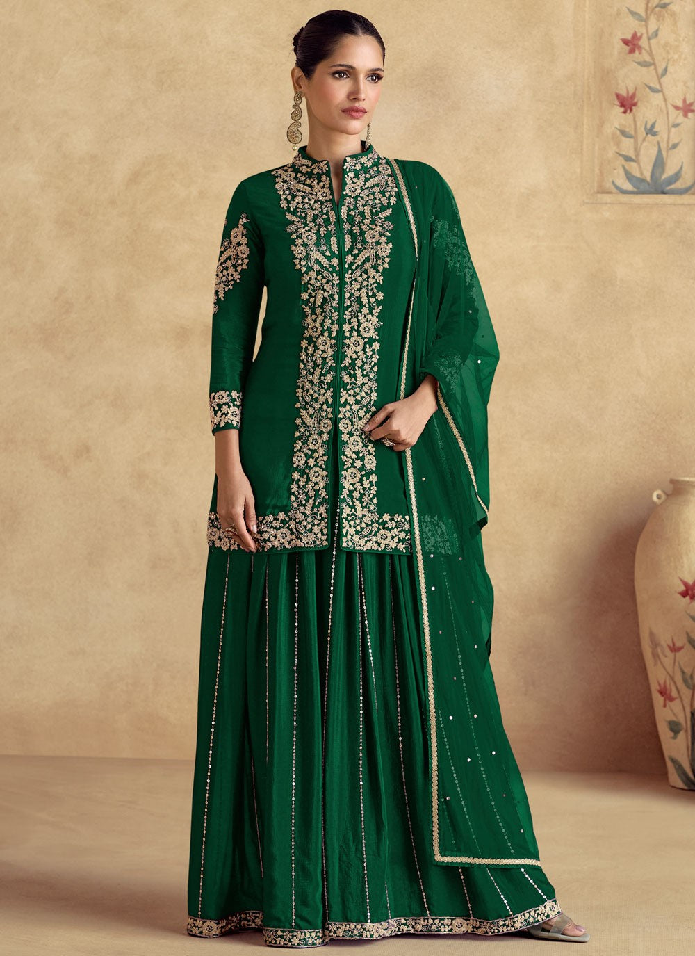Palazzo Suit Embroidered Green Chinon T5774