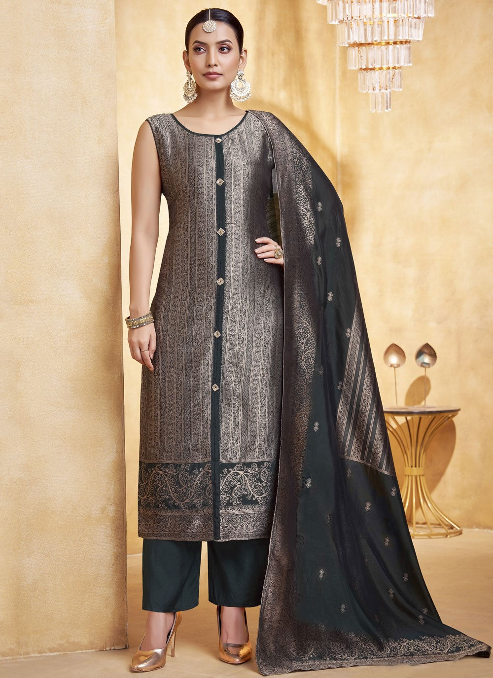 Pant Style Suit Jacquard Work, Zari Black T8261