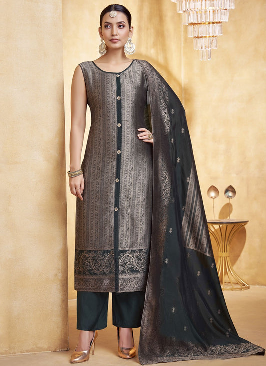 Pant Style Suit Jacquard Work, Zari Black T8261