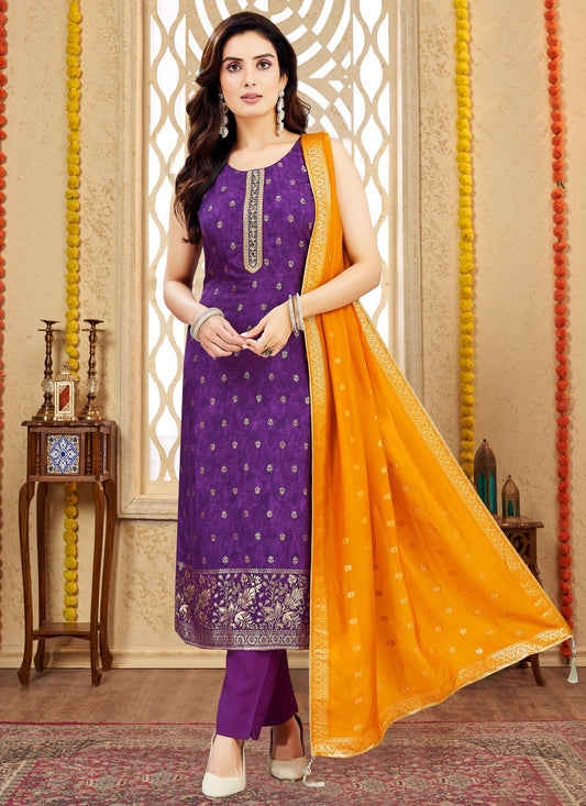 Pant Style Suit Embroidered, Zari Purple T7991