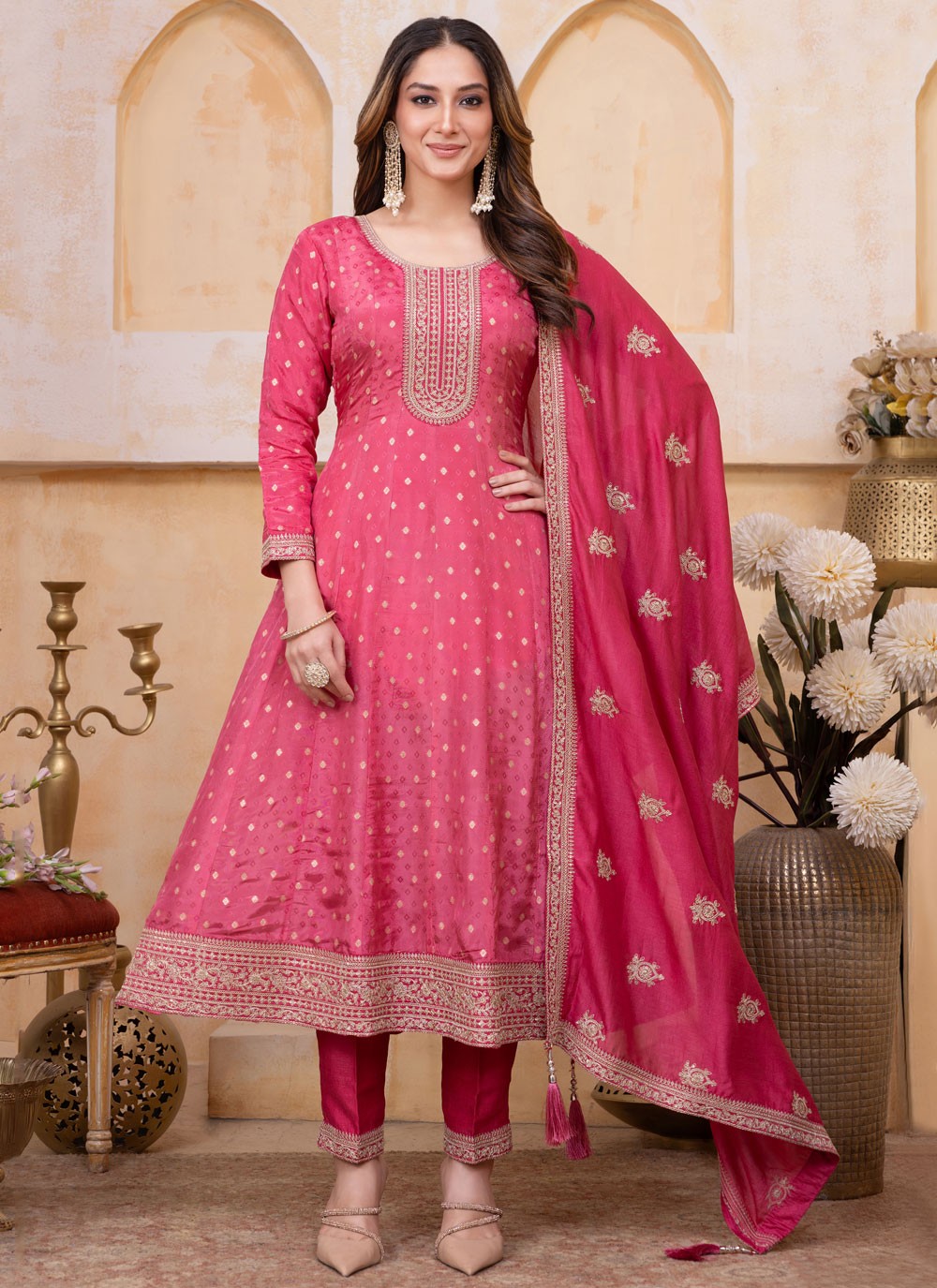 Anarkali Embroidered, Zari Pink T8097