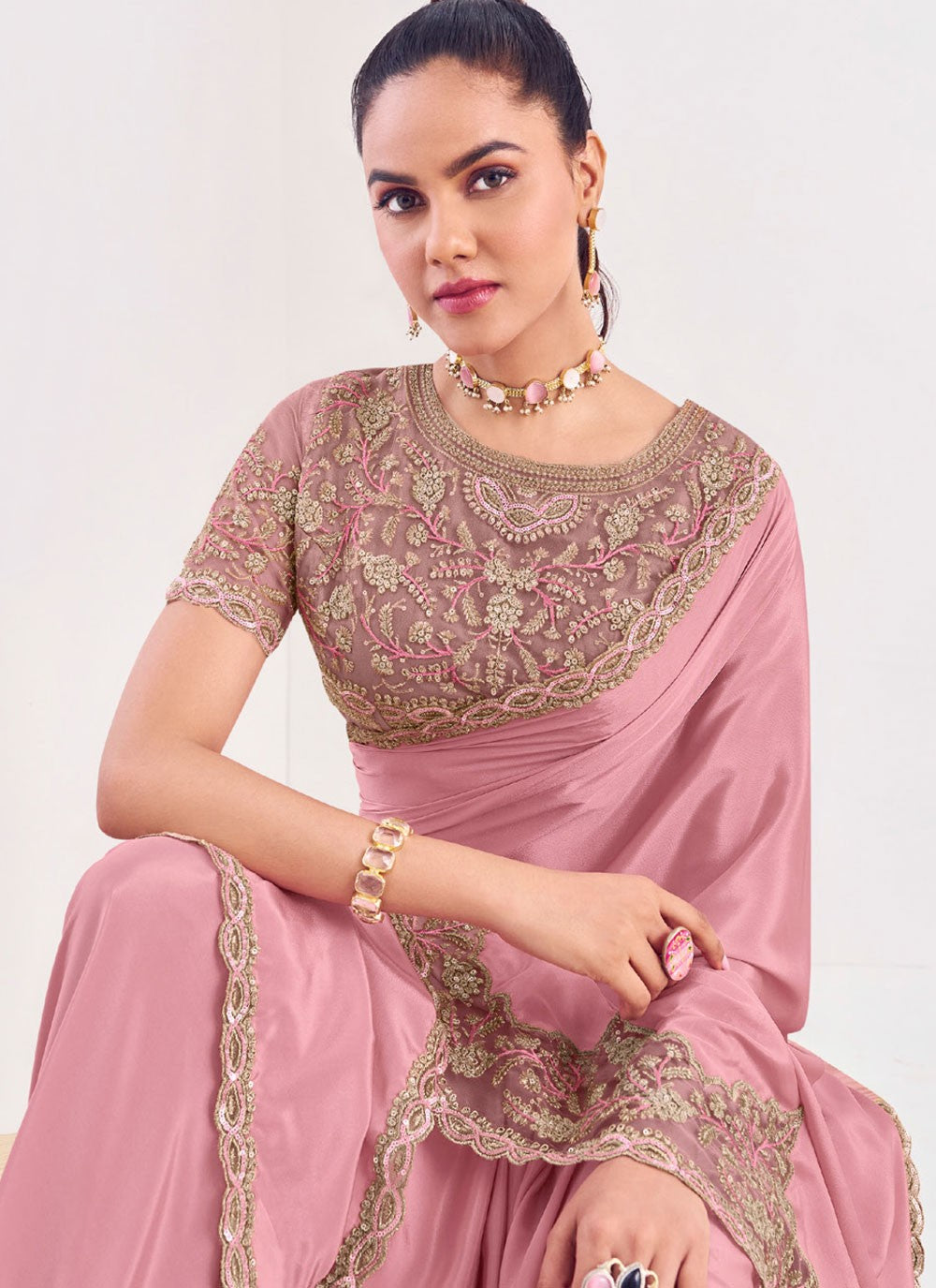 Traditional Border Work Pink Silk S12573