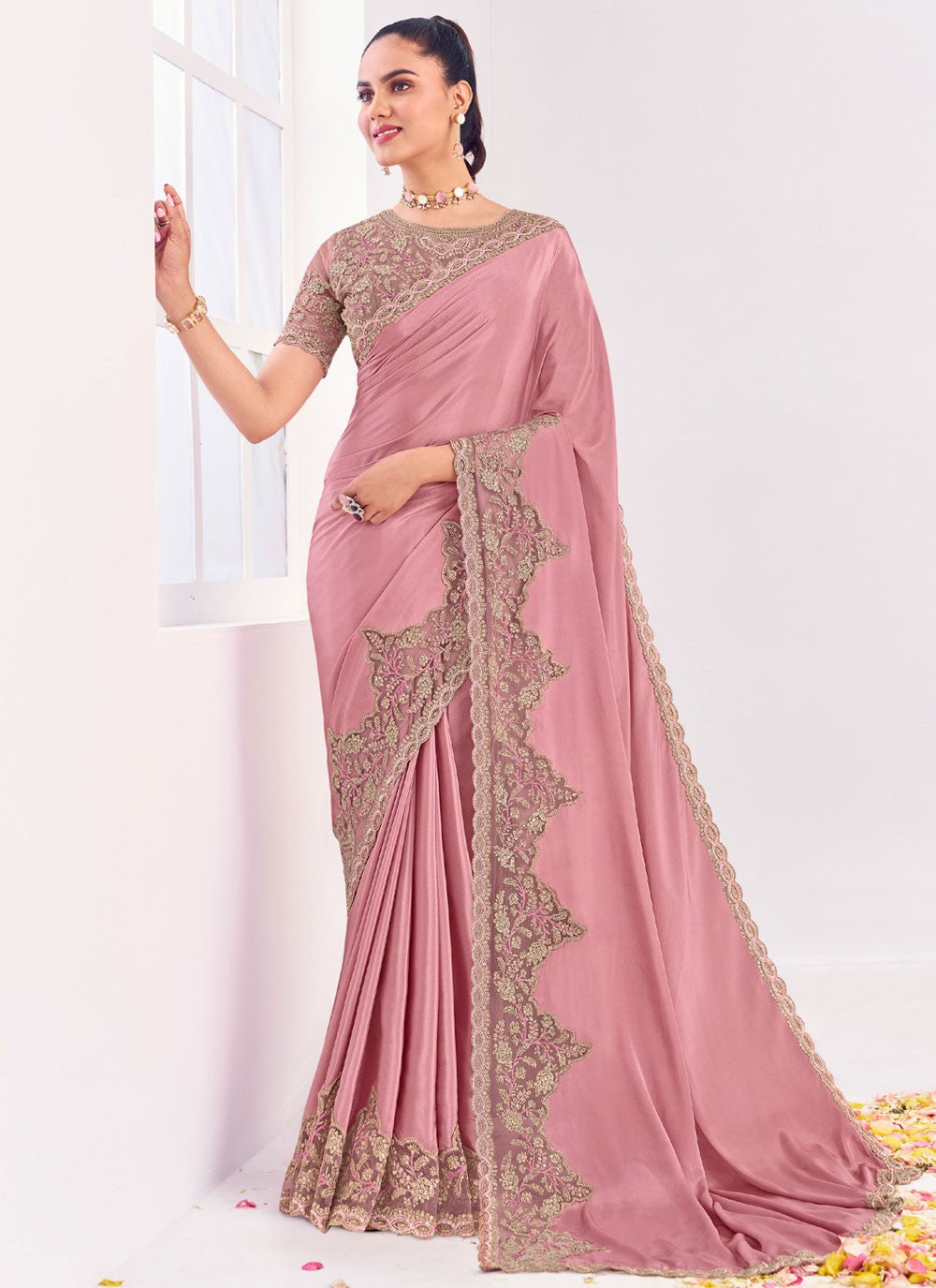 Traditional Border Work Pink Silk S12573