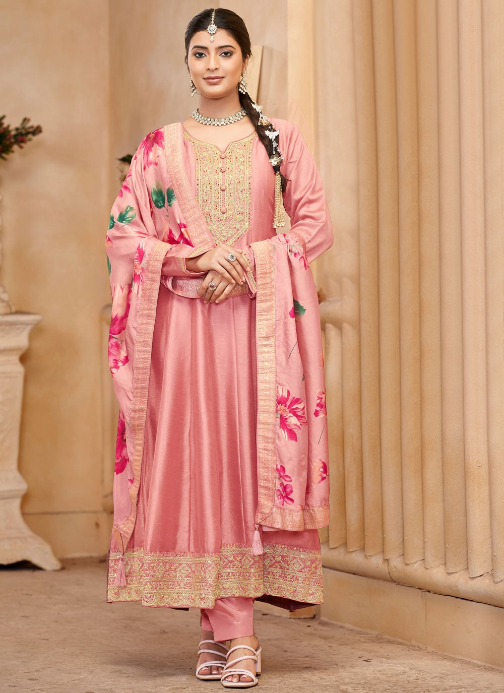 Embroidered Vichitra Silk Pink Pant Style Suit T5967