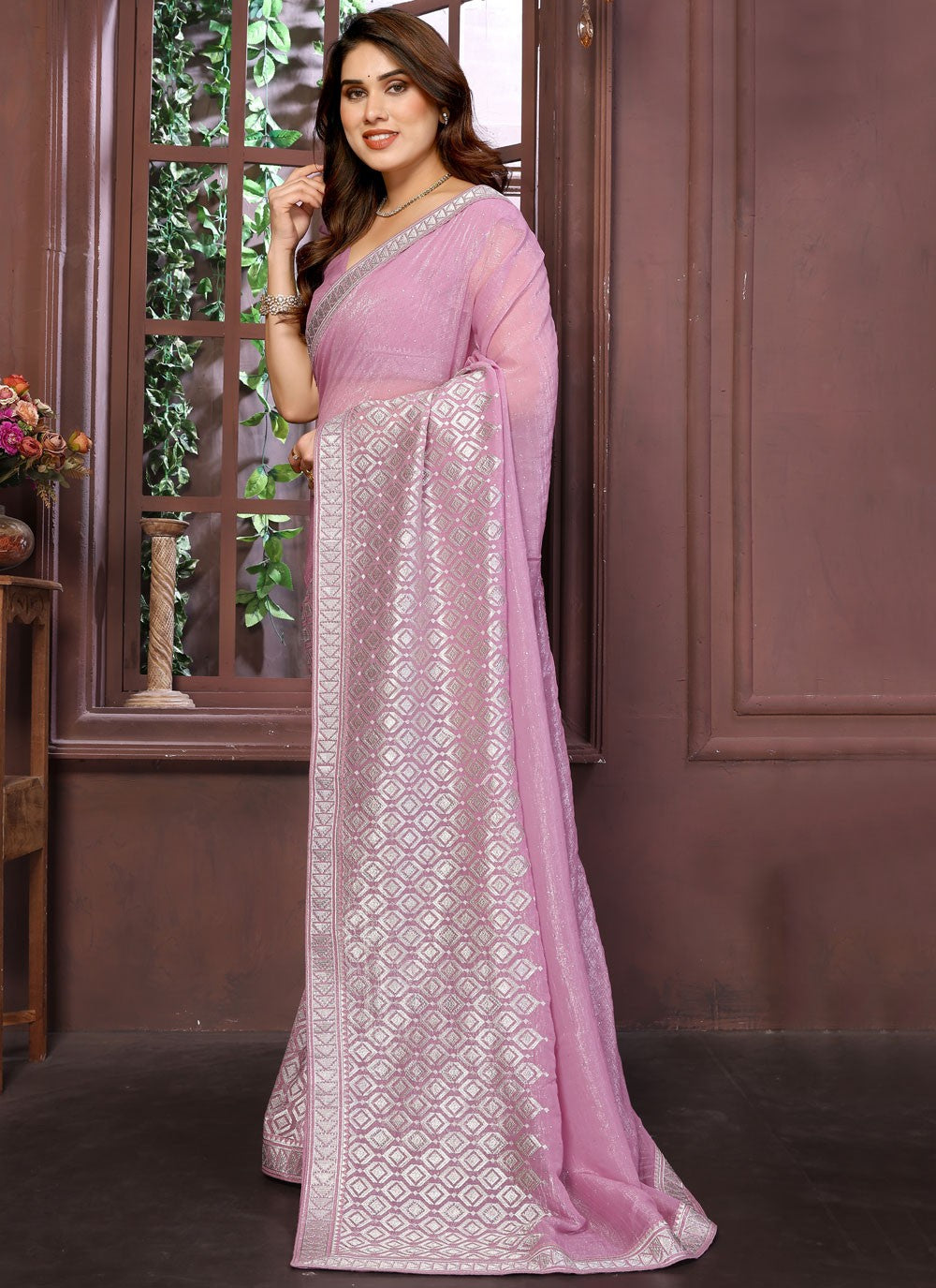 Pink Pure Crepe Designer Saree Weaving Zari, Zari S15770