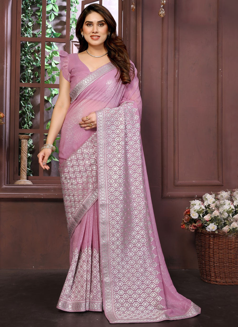 Pink Pure Crepe Designer Saree Weaving Zari, Zari S15770