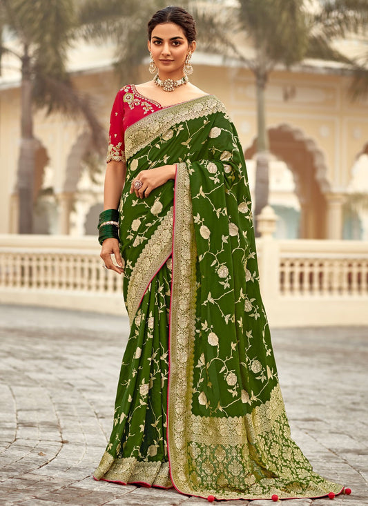 Weaving Zari Pure Dola Green Saree S14217