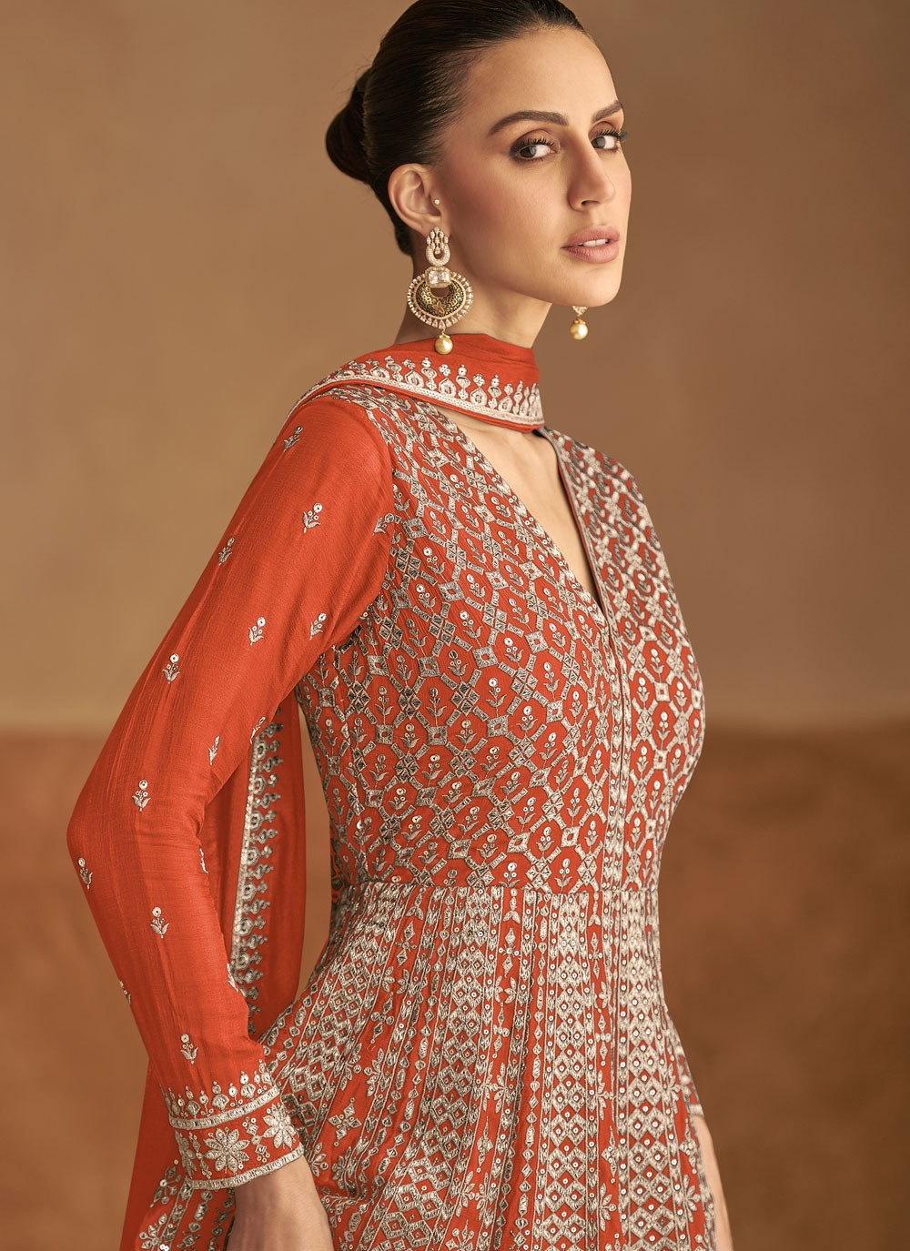 Embroidered Chinon Orange Gown G19783