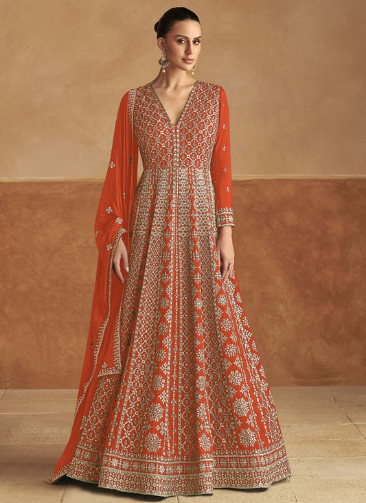 Embroidered Chinon Orange Gown G19783