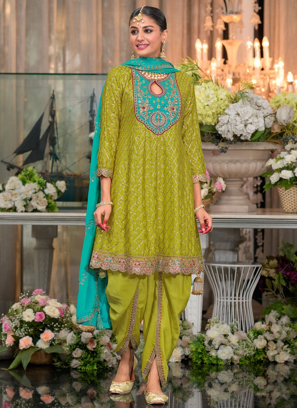 Embroidered Chinon Green Salwar Suit T6197