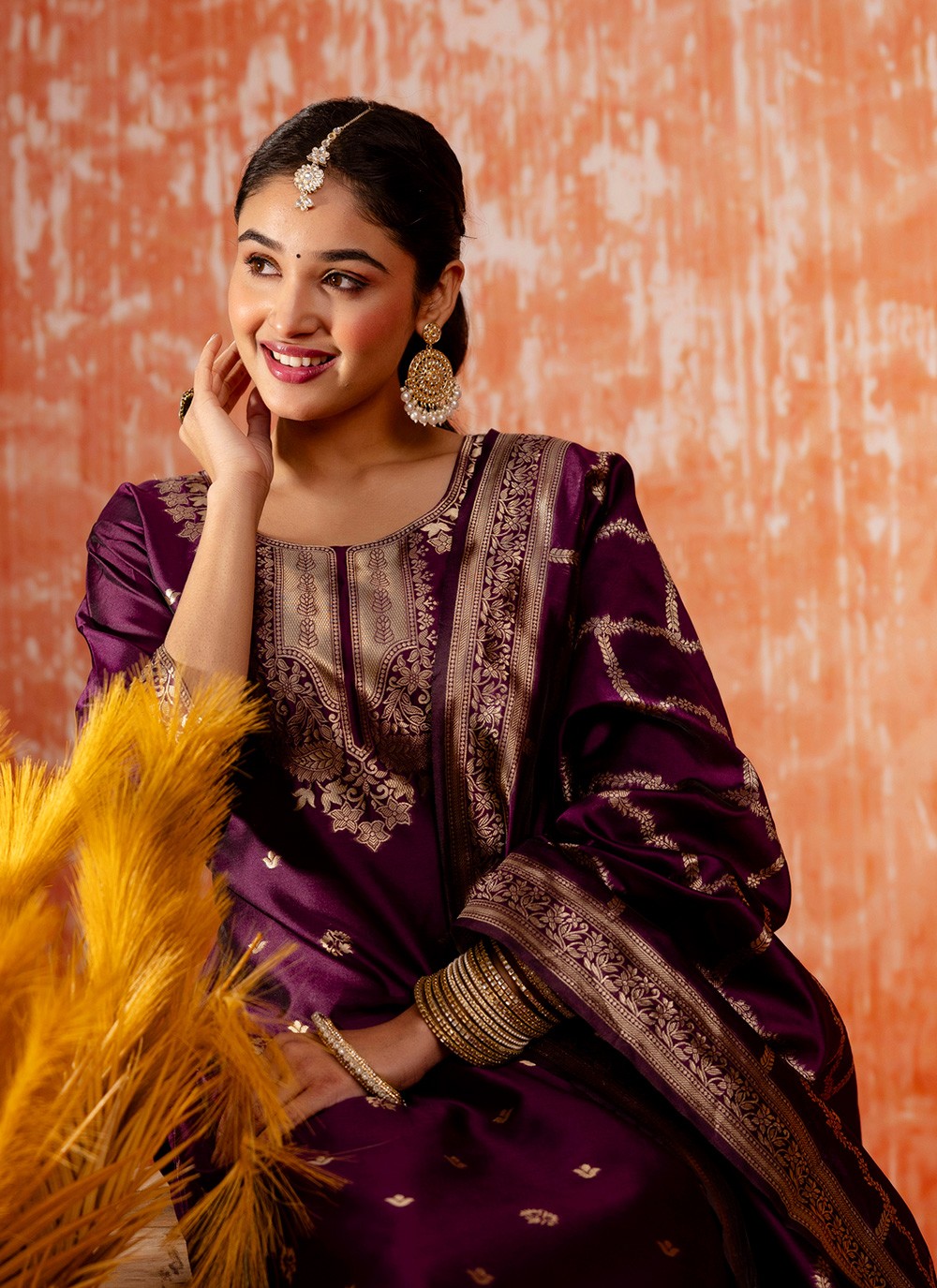 Pant Style Suit Jacquard Work, Zari Purple T7291