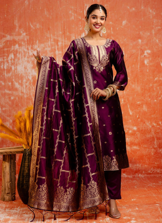 Pant Style Suit Jacquard Work, Zari Purple T7291