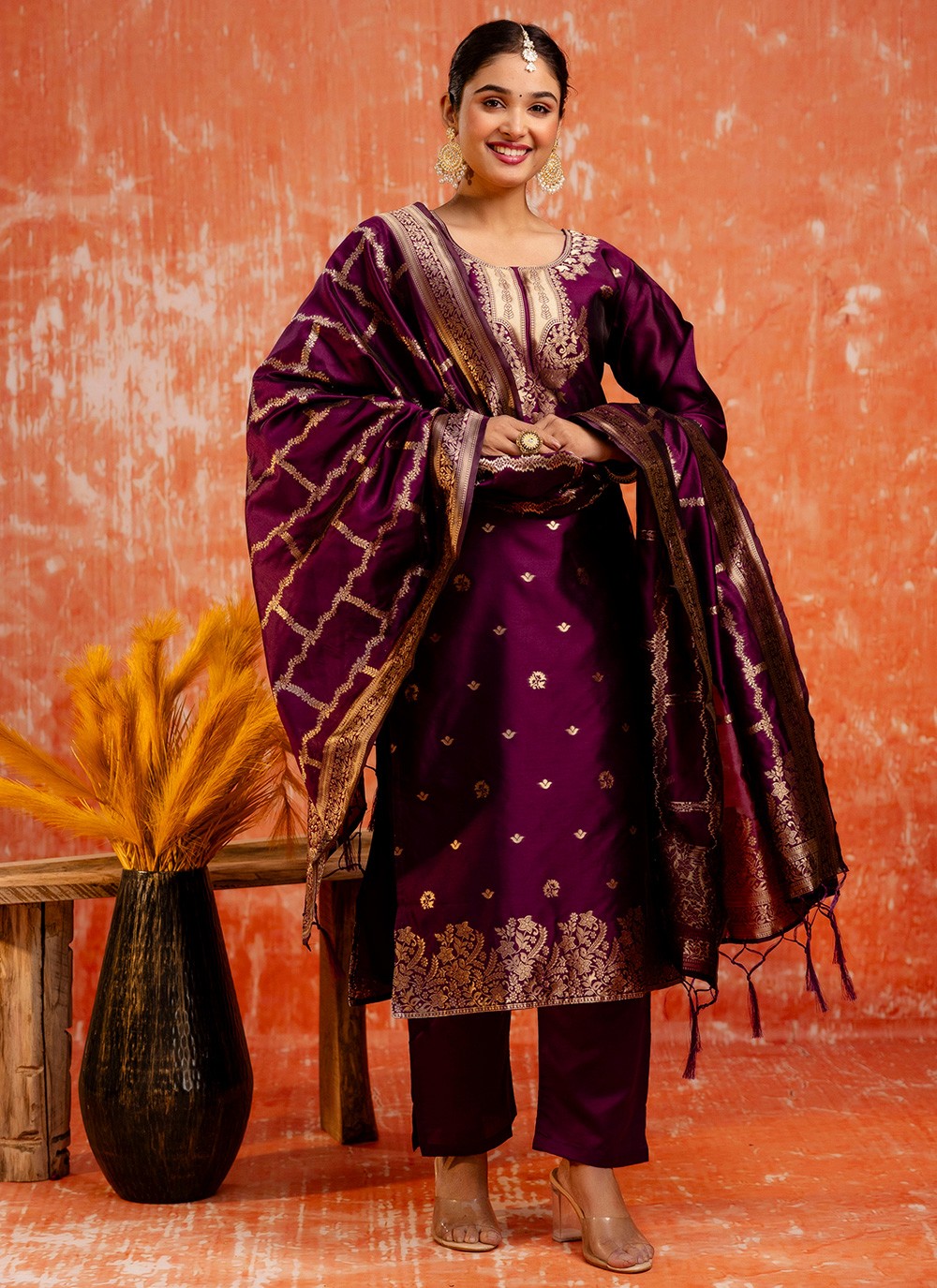 Pant Style Suit Jacquard Work, Zari Purple T7291