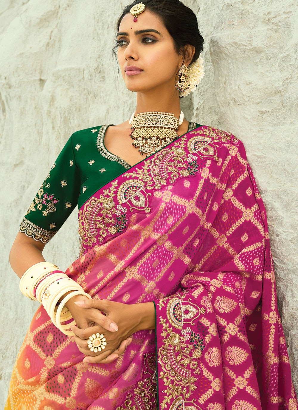 Multi Colour Pure Georgette Trendy Saree Bandhej, Cutdana, Embroidered, Fancy Work, Zari S19131