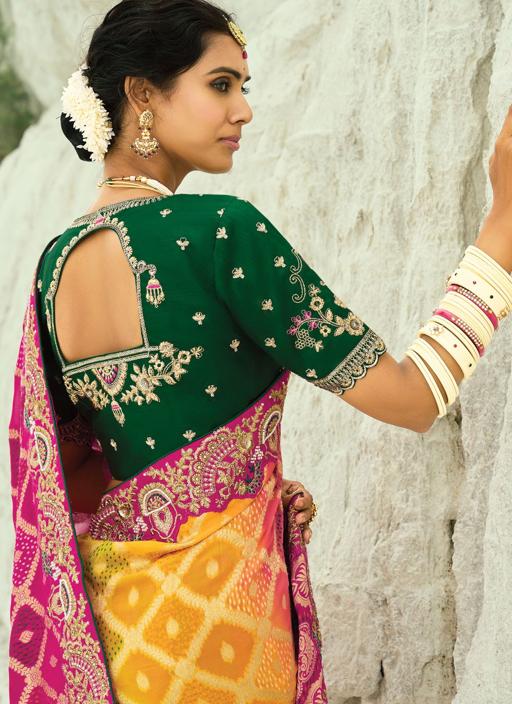 Multi Colour Pure Georgette Trendy Saree Bandhej, Cutdana, Embroidered, Fancy Work, Zari S19131