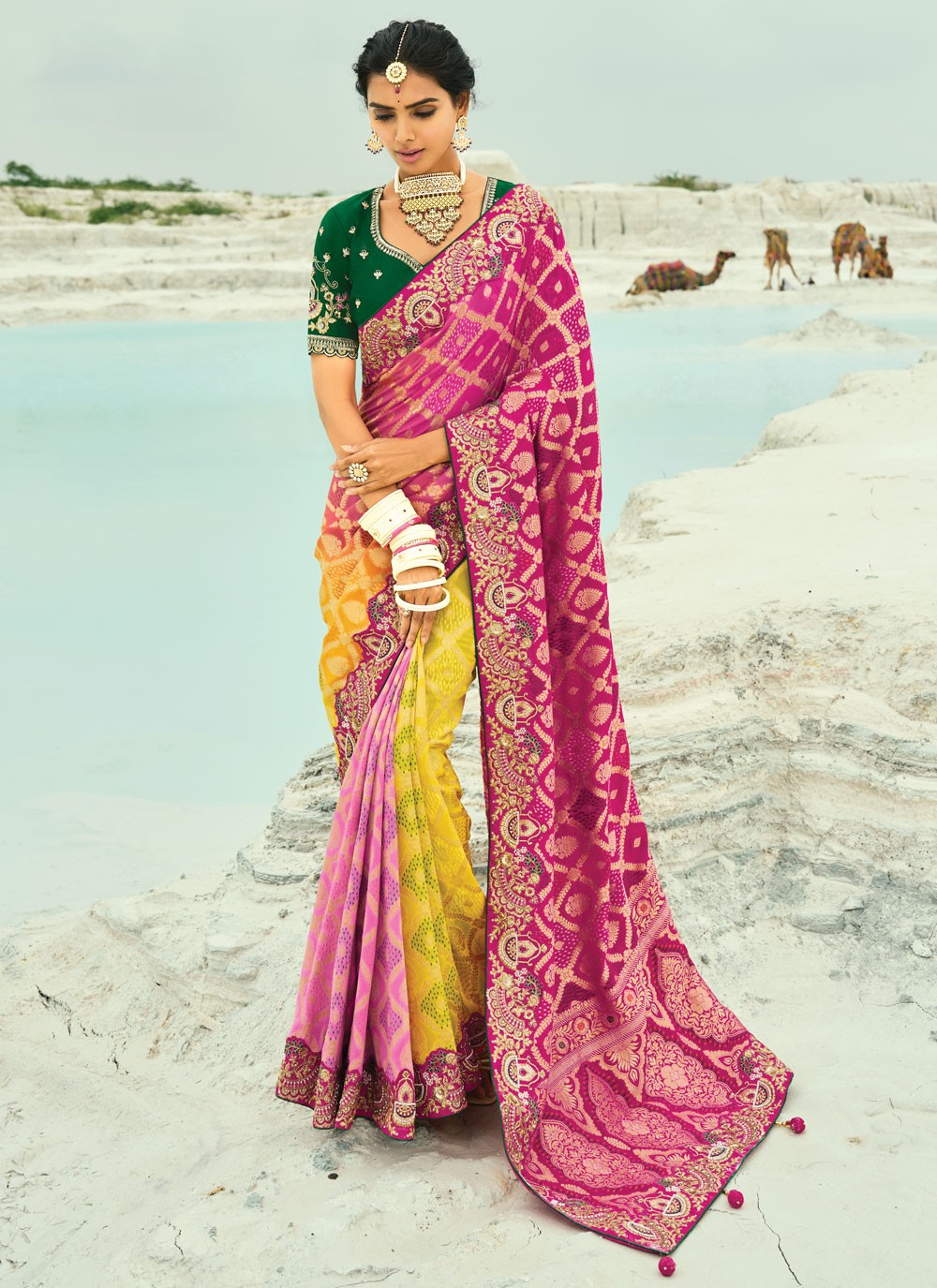 Multi Colour Pure Georgette Trendy Saree Bandhej, Cutdana, Embroidered, Fancy Work, Zari S19131