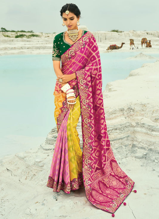 Multi Colour Pure Georgette Trendy Saree Bandhej, Cutdana, Embroidered, Fancy Work, Zari S19131