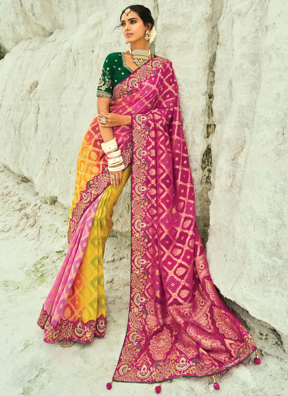 Multi Colour Pure Georgette Trendy Saree Bandhej, Cutdana, Embroidered, Fancy Work, Zari S19131