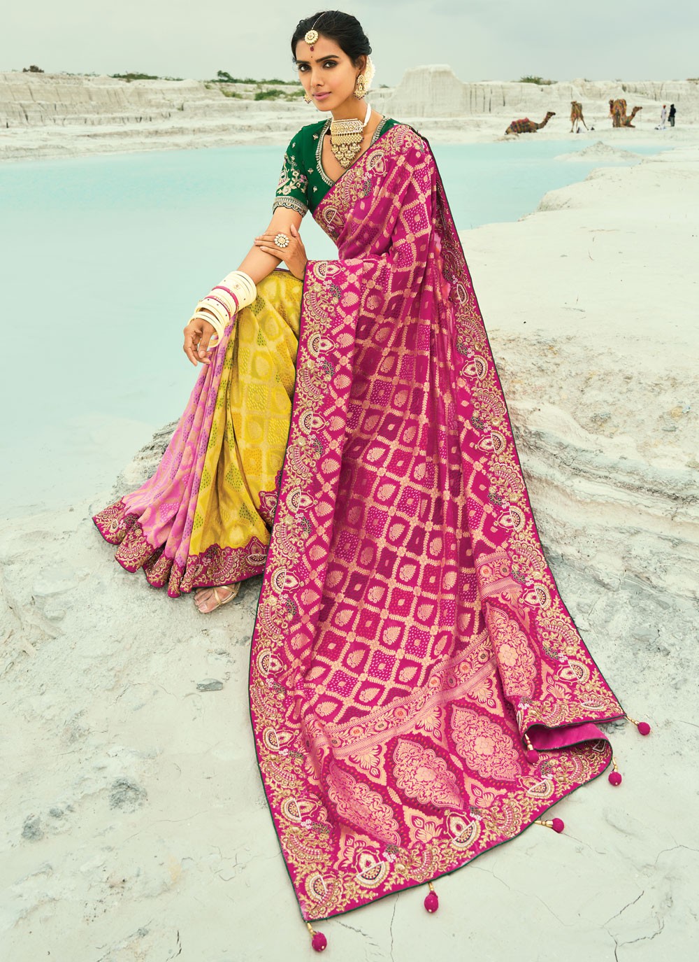 Multi Colour Pure Georgette Trendy Saree Bandhej, Cutdana, Embroidered, Fancy Work, Zari S19131