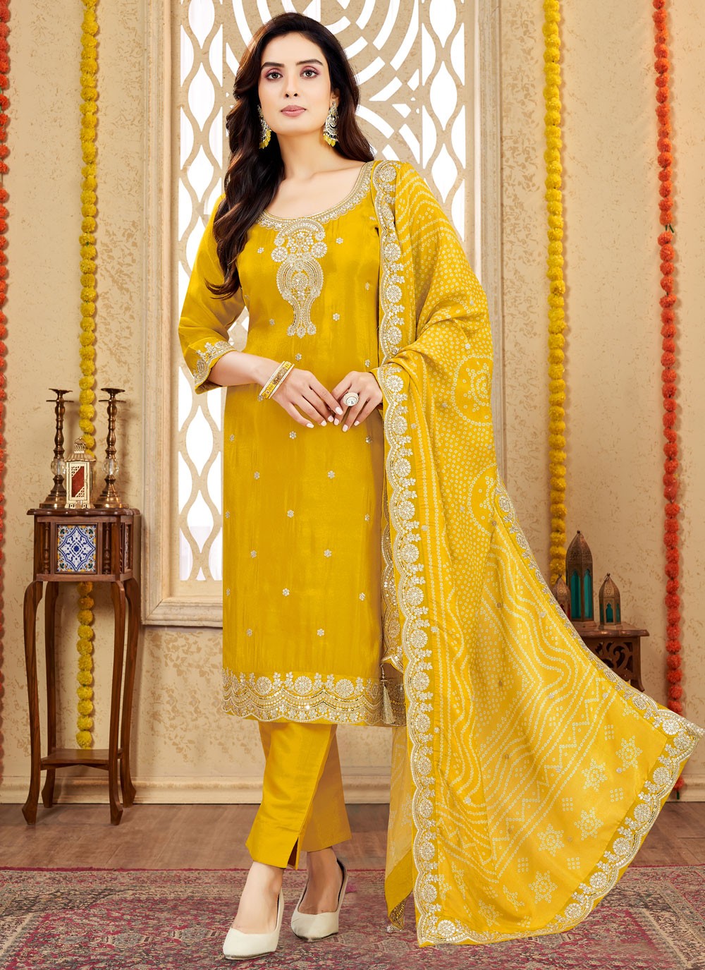 Pant Style Suit Embroidered, Zari Mustard T7989