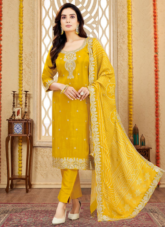 Pant Style Suit Embroidered, Zari Mustard T7989