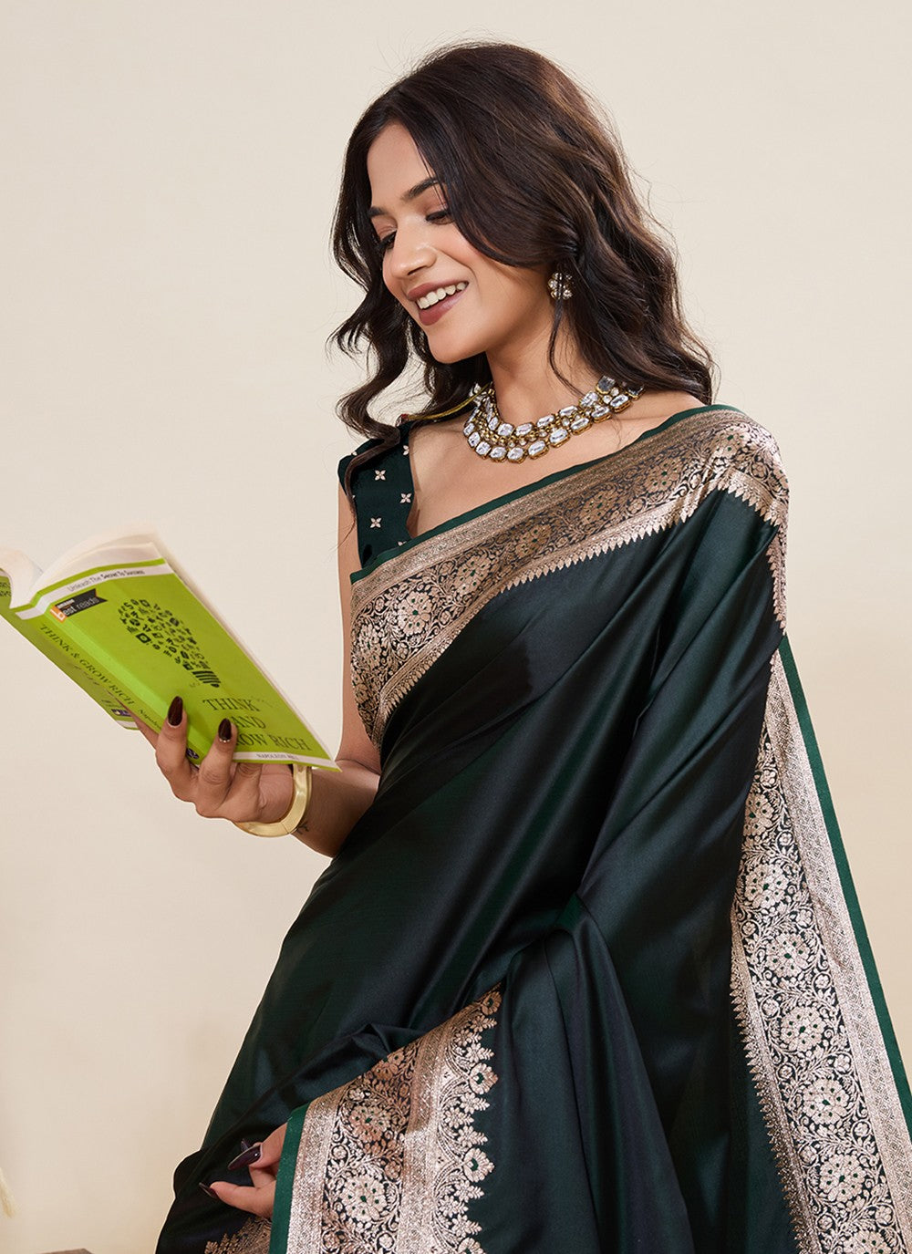 Green Satin Silk Classic Saree Woven, Zari S19514