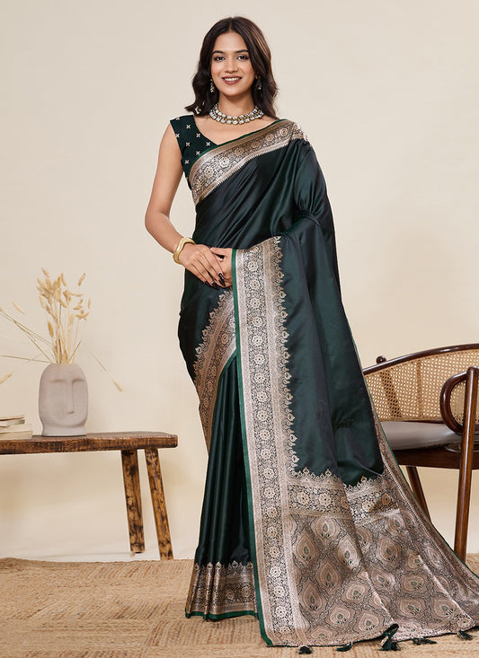 Green Satin Silk Classic Saree Woven, Zari S19514