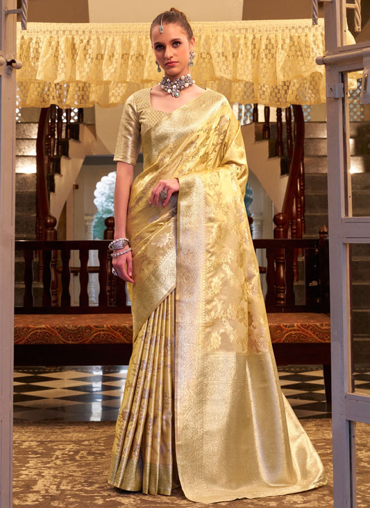Weaving Zari Satin Silk Yellow Classic Saree S15411