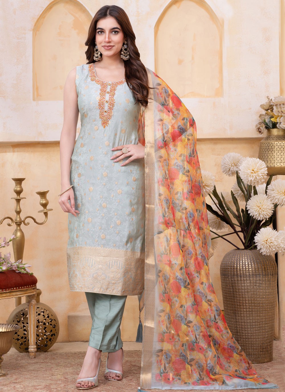 Pant Style Suit Embroidered, Zari Sea Green T8098