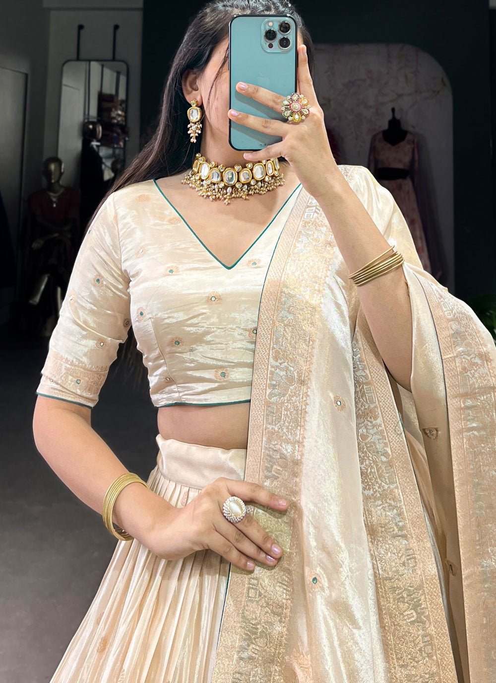 Beads Shimmer Cream A - Line Lehenga  L3767