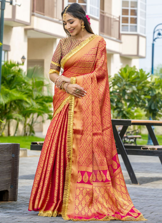 Woven Brocade Hot Pink Saree S14737