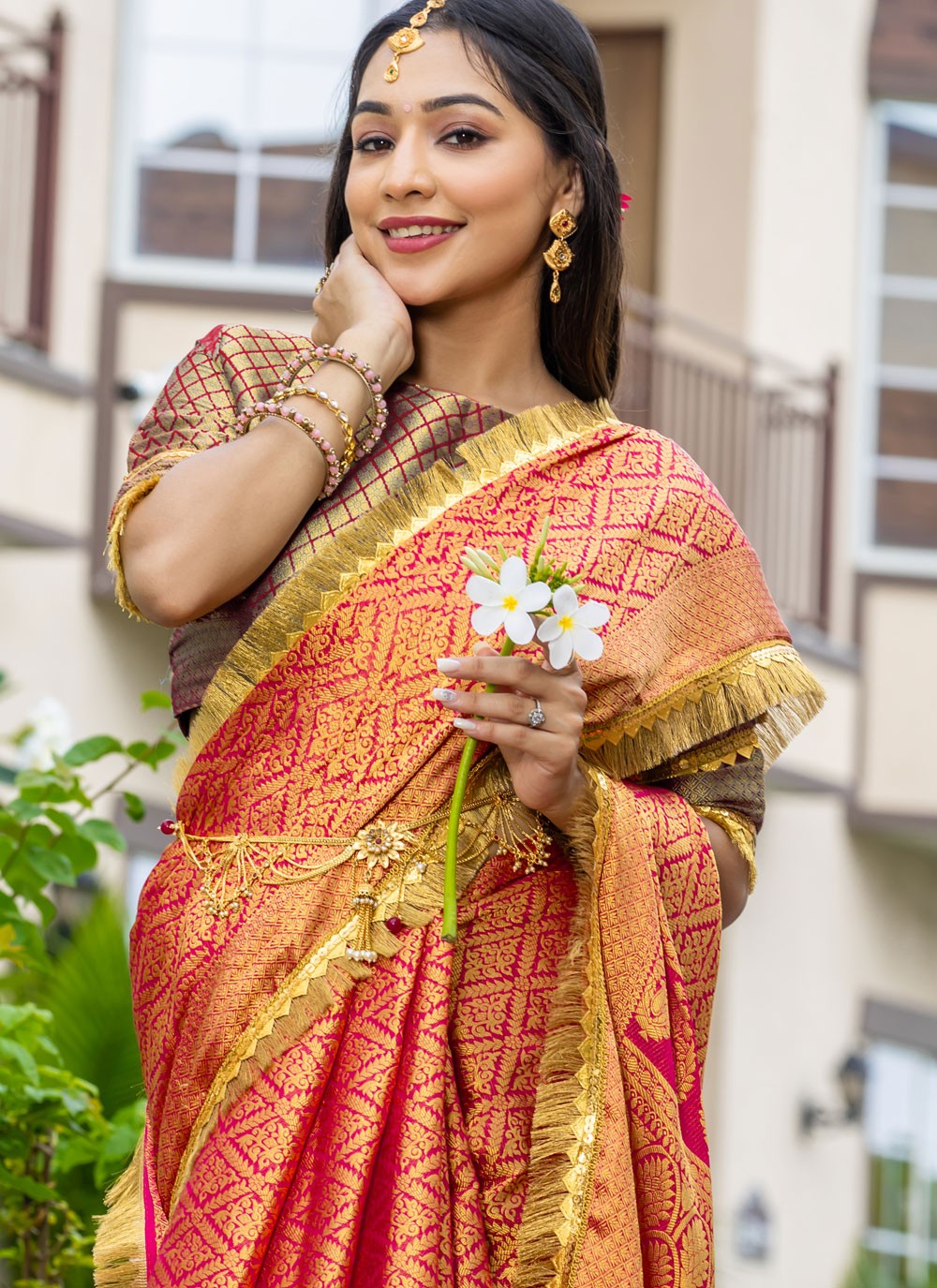 Woven Brocade Hot Pink Saree S14737