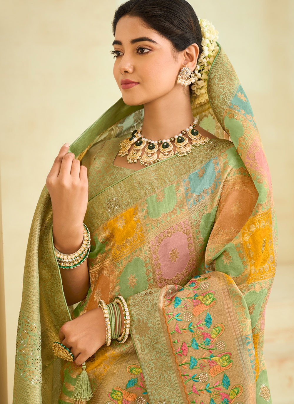 Contemporary Embroidered Sea Green Silk S12488