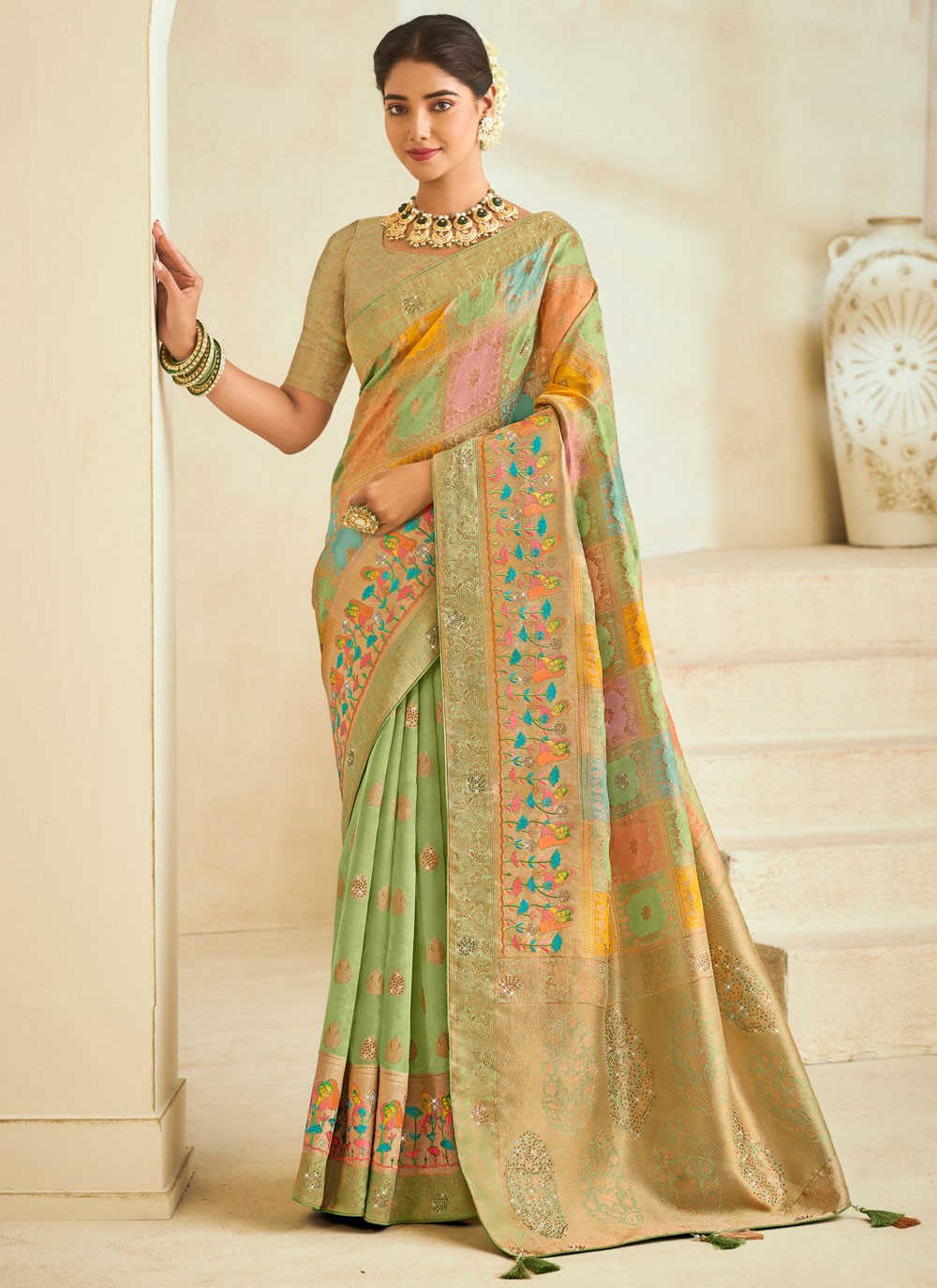 Contemporary Embroidered Sea Green Silk Saree S12488
