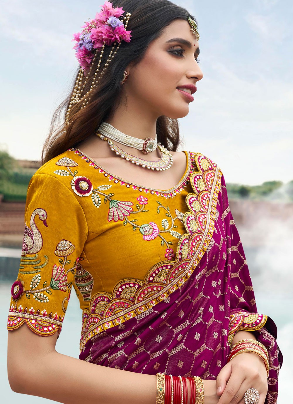 Cut Work Silk Mustard Contemporary Saree S15312