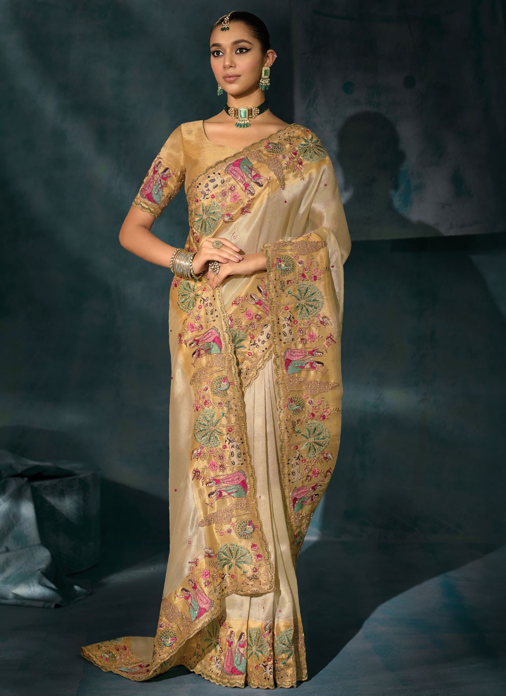 Cream Silk Classic Saree Cutdana, Embroidered, Mirror, Moti, Thread, Zari S19718