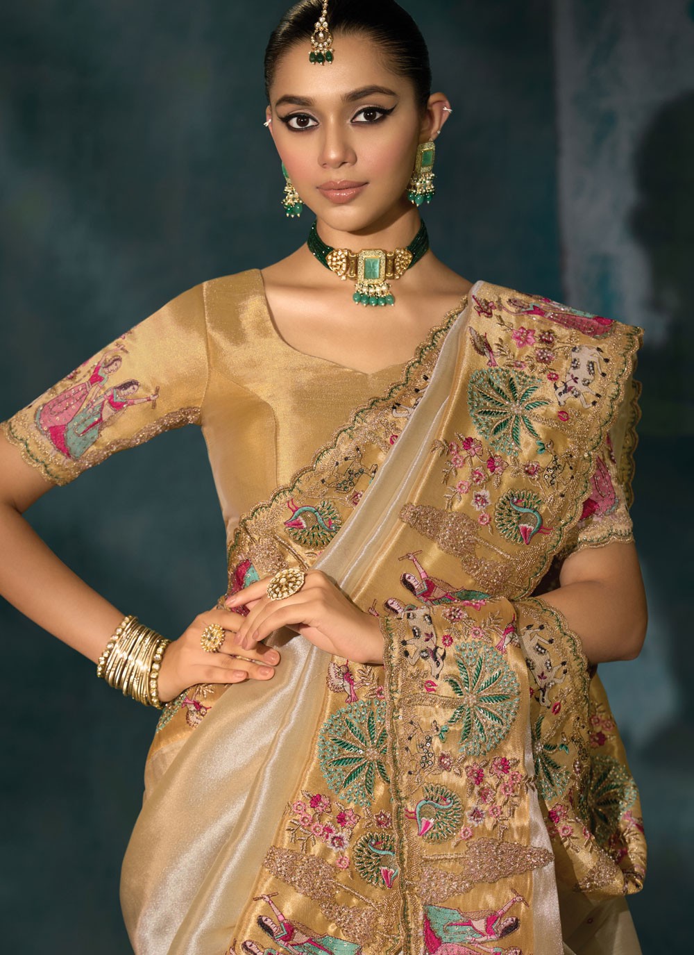 Cream Silk Classic Saree Cutdana, Embroidered, Mirror, Moti, Thread, Zari S19718