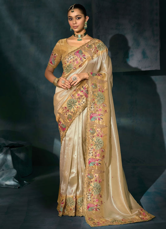 Cream Silk Classic Saree Cutdana, Embroidered, Mirror, Moti, Thread, Zari S19718