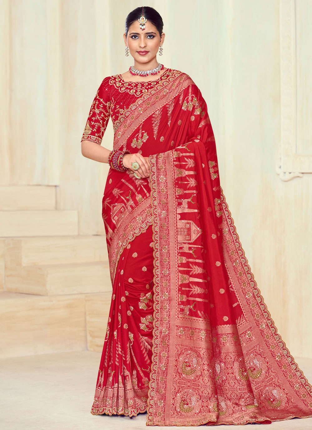 Designer Cut Work Red Silk S12723