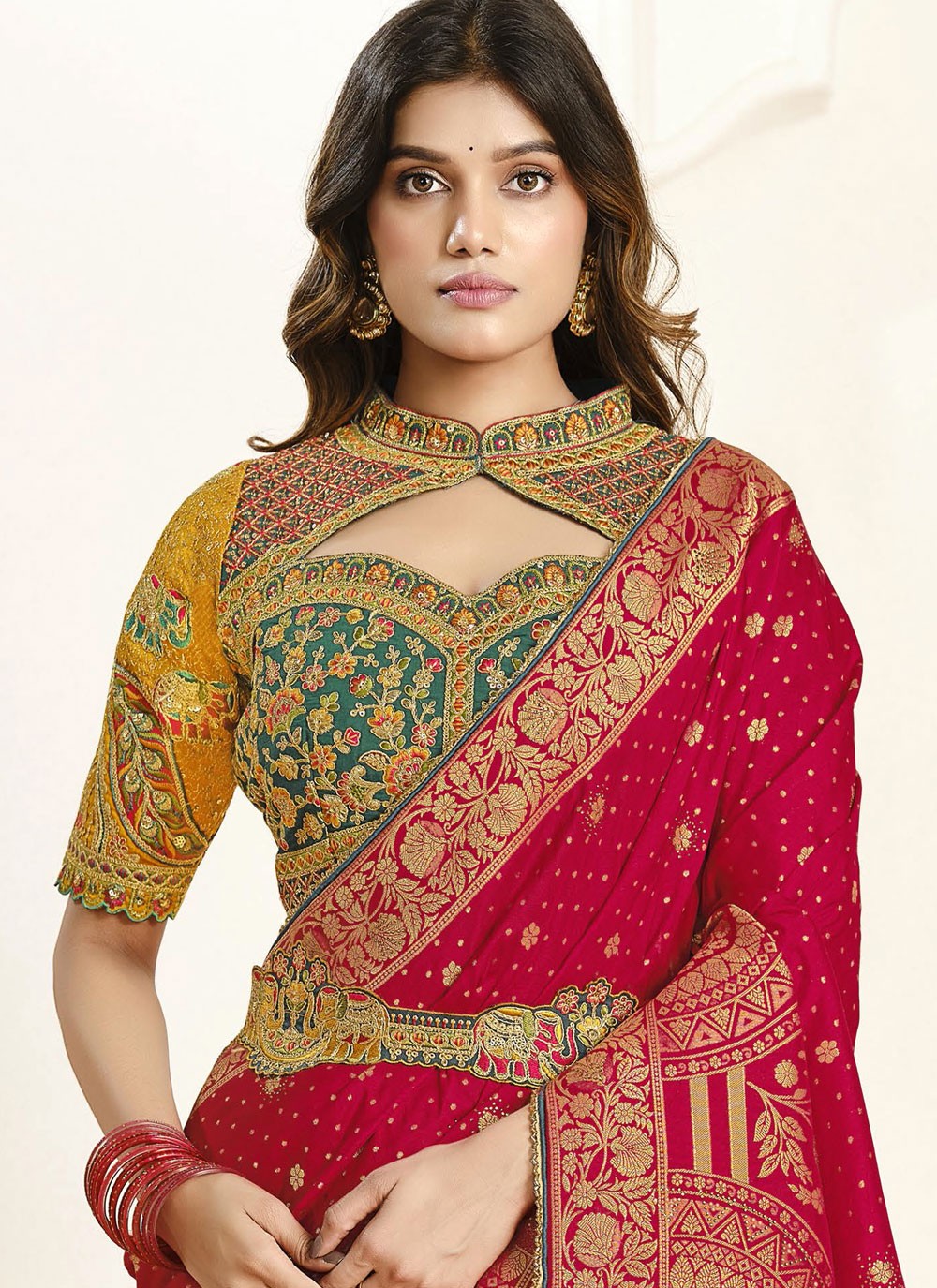Red Silk Designer Saree Fancy Work, Weaving Zari, Zari S18848