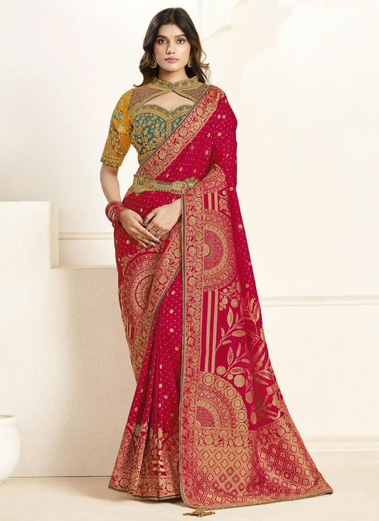 Red Silk Designer Saree Fancy Work, Weaving Zari, Zari S18848